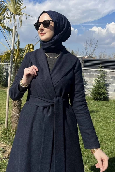 Selin Lacivert Kaşe Kaban - Resim 2