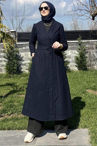 Selin Lacivert Kaşe Kaban - Resim 6