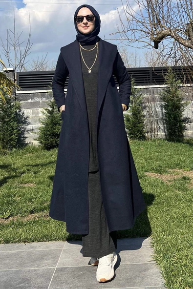 Selin Lacivert Kaşe Kaban - Resim 7