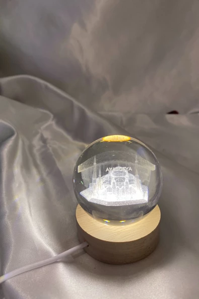 3D Led Işık Gecelambası Cam Küre Tek Renk Günışığı Ahşap Ayasofya Cami Gece Lambası7 cm ürün görseli 1