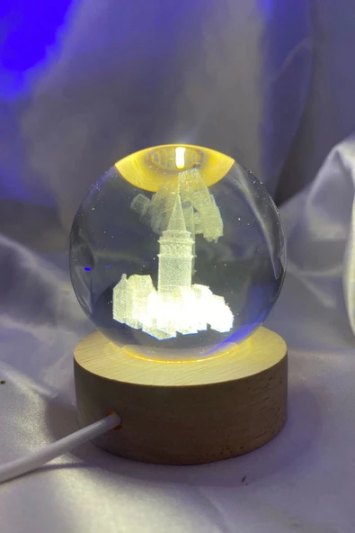 3D Led Işık Gecelambası Cam Küre Tek Renk Günışığı Ahşap Galata Kulesi Gece Lambası 6 cm ürün görseli 1