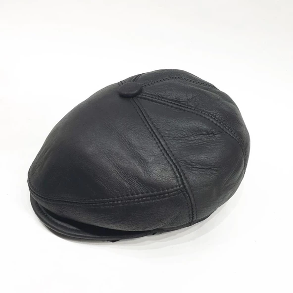 Tek Parça Deri Kürk Kasket Siyah Renk - Resim 7
