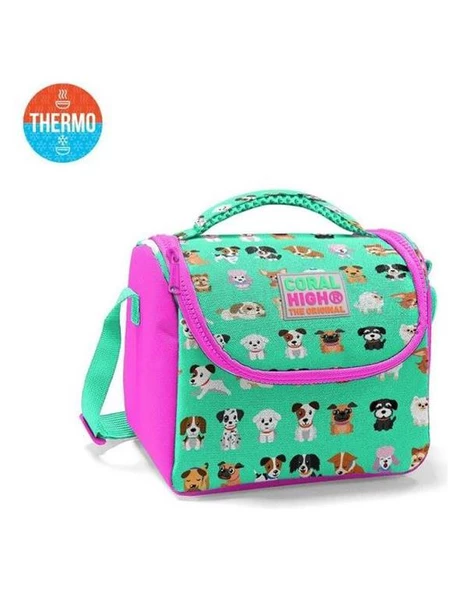 Coral High Su Yeşili Pembe Köpek Desenli Thermo Beslenme Çantası 11715 ürün görseli 1