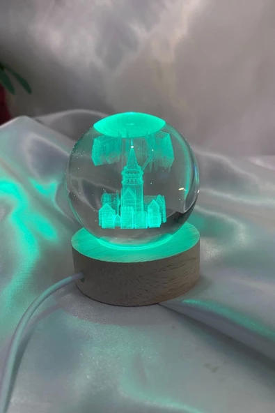 3D Led Işık Gecelambası Cam Küre Çok Renk Günışığı Ahşap Galata Kulesi Gece Lambası 6 cm ürün görseli 1