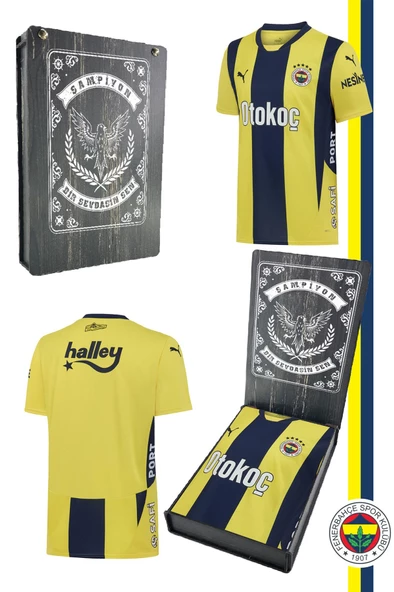 Fenerbahçe Orijinal Unisex 2024-2025 Yeni Sezon Sarı Lacivert Çubuklu Forma Hediyelik Ahşap Kutulu ürün görseli 1