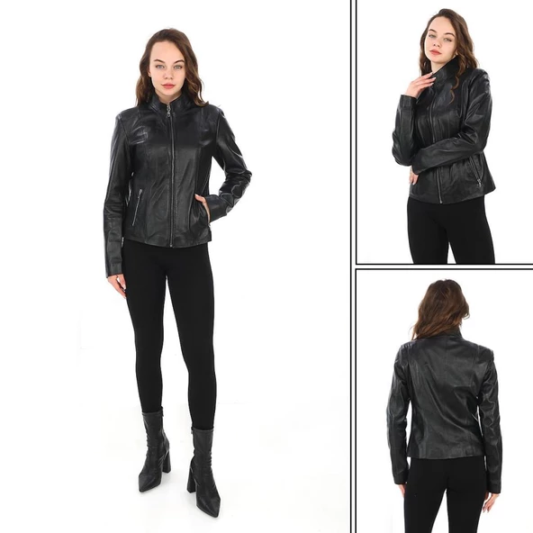 Spor Model Bayan Deri Ceket - Resim 11