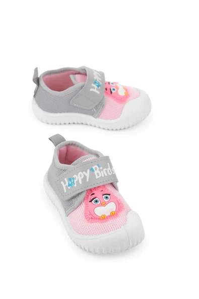 Gezer Yazlık Kız Çocuk Keten Happy Bird Cırt Cırtlı Ayarlanabilir Ayakkabı Gri Pembe ürün görseli 1