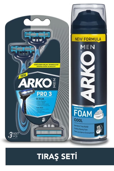 Arko T3 Pro 3 Bıçaklı Tıraş Bıçağı 3'Lü & Cool Tıraş Köpüğü 200 ml Avantaj Paketi ürün görseli 1