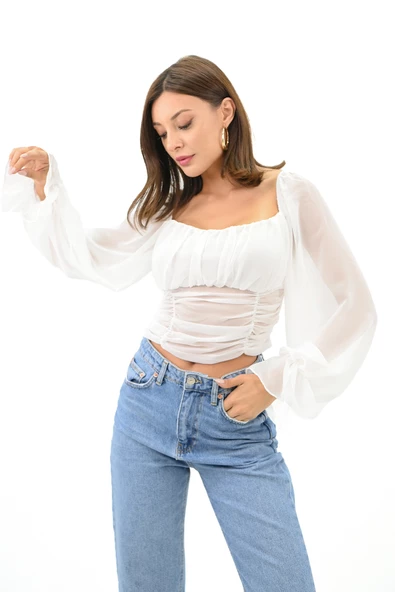 Kadın Şifon Crop Bluz 1734-24 - Resim 9