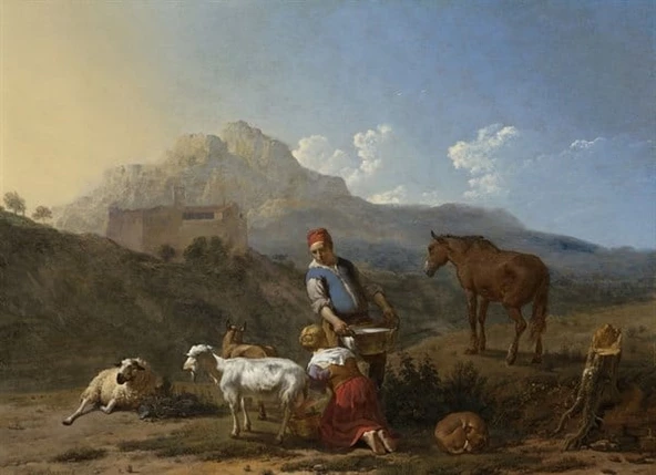 Süt Sağan Kız ve İtalyan Peyzaj - Kanvas Tablo ürün görseli 1