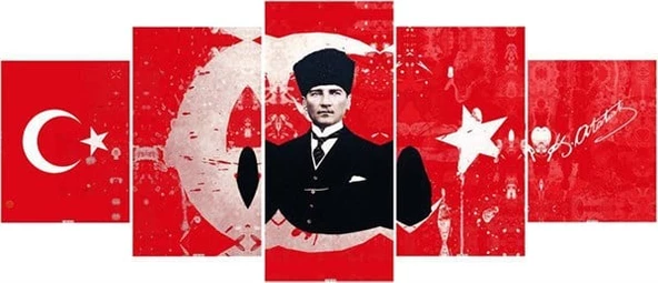 Mustafa Kemal Atatürk ve Ay Yıldız - 5 Parçalı Kanvas Tablo ürün görseli 1