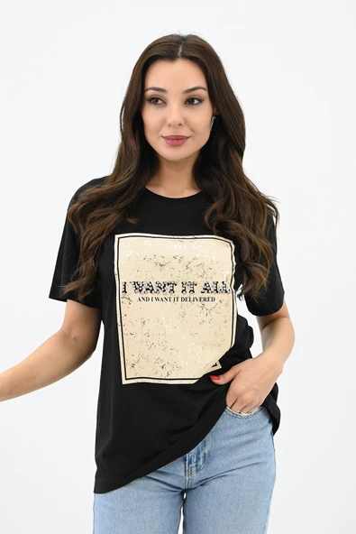 Kadın Gold Taş Baskılı T-shirt 1730-24 ürün görseli 1