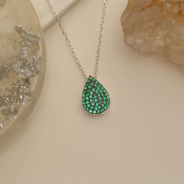 925 Ayar Gümüş Yeşil Taşlı Drop Kolye - CNS00159 - Resim 3