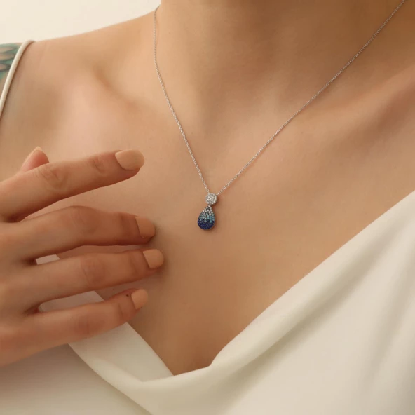 925 Ayar Gümüş Işıltılı Mavi Tonlamalı Drop Kolye - CNS00184 ürün görseli 1