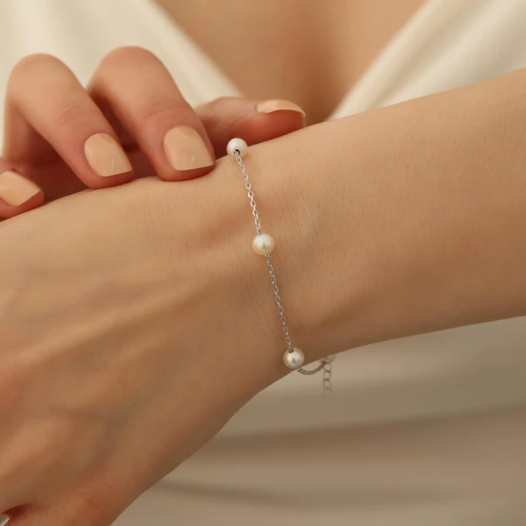 925 Ayar Gümüş Gerçek ve Doğal Tatlısu İncisi Bileklik Çap:6mm - CBP00122 ürün görseli 1