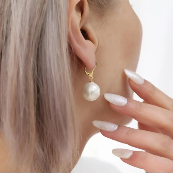 925 Ayar Gümüş Gerçek ve Doğal Tatlısu İncisi Küpe Çap:14mm EP00103 ürün görseli 1