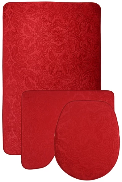 Bonny Home Ultrasoft Desenli 3lü Kırmızı Klozet Takımı Banyo Halısı Paspası Seti ürün görseli 1
