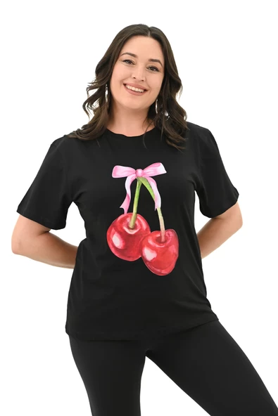Kadın Büyük Beden Kiraz Baskılı T-shirt 1785-24 ürün görseli 1