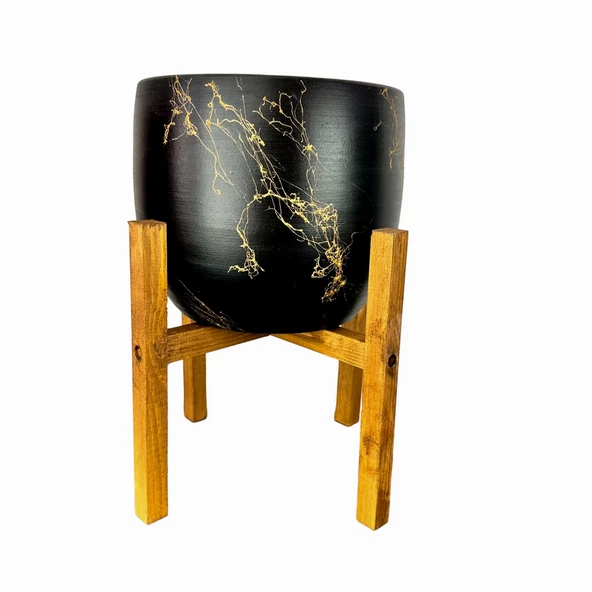 Bitki Tasarımı Siyah Üzeri Gold Mermer Efektli Toprak Saksı Saksılık Salon Çiçeklik 4 Ayaklı - 19 CM ürün görseli 1
