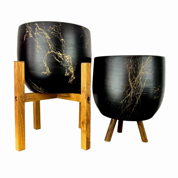 Bitki Tasarımı Siyah Üzeri Gold Mermer Efektli Toprak Saksı Saksılık Salon Çiçeklik İkili Set 3 Ayaklı- 4 Ayaklı- 19 CM ürün görseli 1