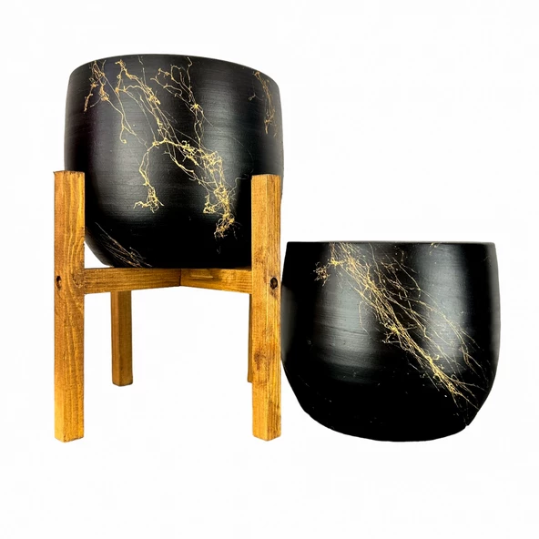 Bitki Tasarımı Siyah Üzeri Gold Mermer Efektli Toprak Saksı Saksılık Salon Çiçeklik İkili Set Ayaksız - 4 Ayaklı- 19 CM ürün görseli 1