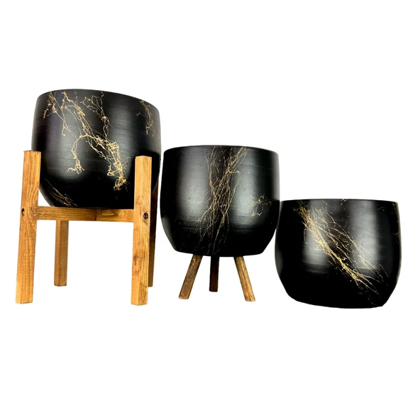 Bitki Tasarımı Ev Dekorasyon Aksesuar Siyah Üzeri Gold Mermer Efektli Toprak Saksı Saksılık Salon Çiçeklik Üçlü Set- 19 CM ürün görseli 1