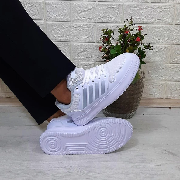 Bestof 074 Beyaz-beyaz Sneaker Düz Taban Hafif Rahat Spor Çift Ayakkabısı ürün görseli 1