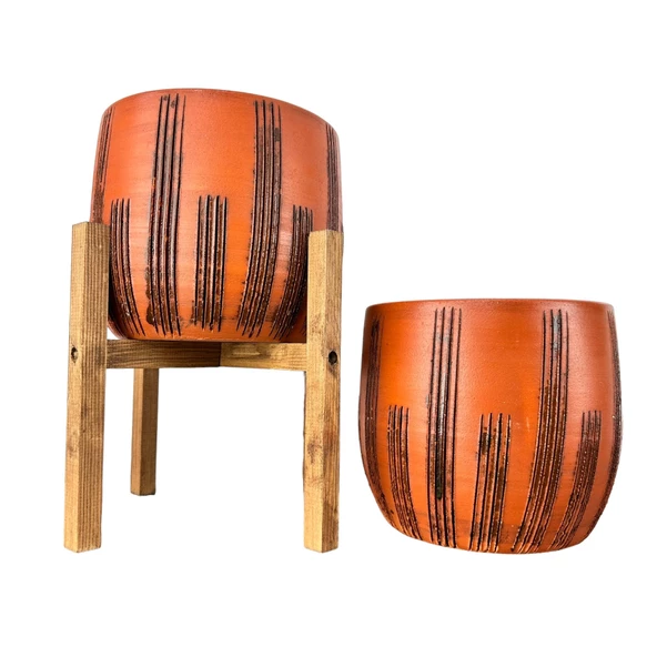 Bitki Tasarımı  Dik Çizgi Desenli Toprak Saksı Saksılık Salon Çiçeklik İkili Set Ayaksız - 4 Ayaklı- 19 CM ürün görseli 1