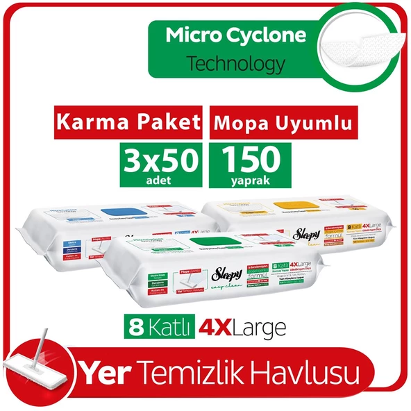 Sleepy Easy Clean Mopa Uyumlu Yer Temizlik Havlusu&Mendili Karma Paket 3x50 (150 Yaprak) ürün görseli 1