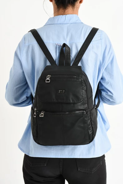 571 collections Yıkanmış Deri Sırt Çantası Siyah (Model: 571-9-11A) ürün görseli 1