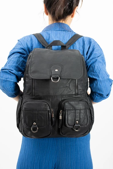 571 collections Yıkanmış Deri Sırt Çantası Siyah (Model: 571-11-11E) ürün görseli 1