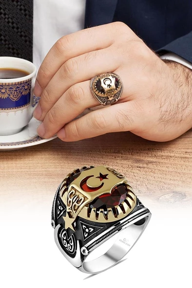 Ayyıldız Desenli Gümüş Erkek Yüzük ürün görseli 1