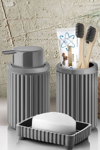 Banyo Takımı Diş Fırçalık Sıvı Sabunluk Katı Sabunluk 3 Lü Set Gri P-3319 ürün görseli 1