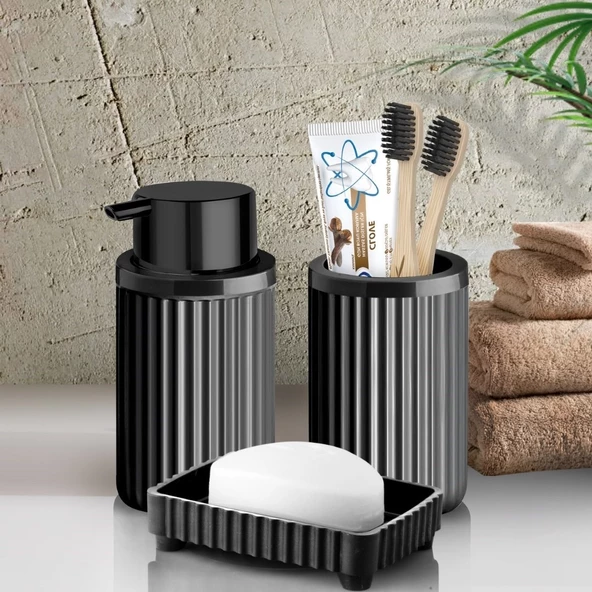 Banyo Takımı Diş Fırçalık Sıvı Sabunluk Katı Sabunluk 3 Lü Set SİYAH P-3319 ürün görseli 1