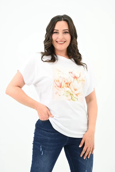 Kadın Büyük Beden Çiçek Baskı Detaylı T-shirt 1780-25 ürün görseli 1