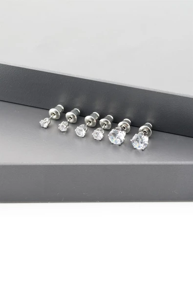 Kadın Basic Zirkon Taşlı 3 Boy Oval Model 6'lı Küpe Seti ürün görseli 1