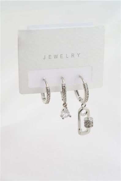 Kadın Altın Kaplama Zirkon Taşlı Çengel İğne Model 3'lü Küpe Set ürün görseli 1