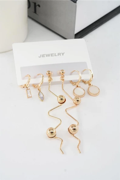 Kadın 6.5 cm Zigzag Sallantılı ve Oval Sedefli 6'lı Küpe Seti ürün görseli 1