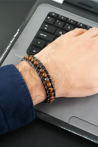 Erkek Hakiki Deri Bileklik Doğal Taşlı Manyetik Klipsli ürün görseli 1