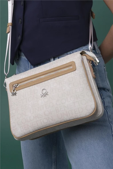 Benetton Bej Eskitme Monogram Kadın Çapraz Çanta BNT 1276 - Resim 3