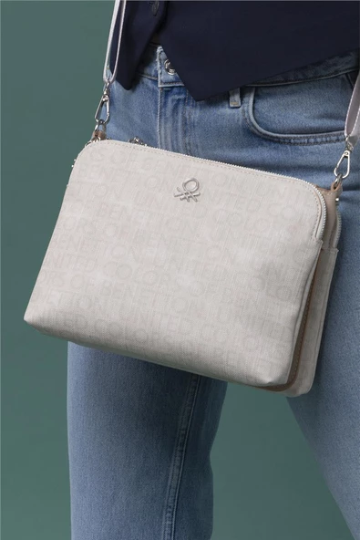 Benetton Bej Monogram Eskitme Kadın Çapraz Çanta BNT 1275 - Resim 3