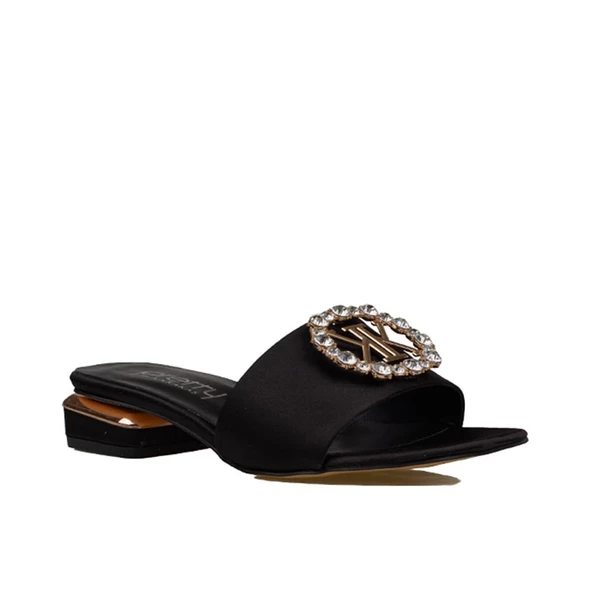 Trend Adımlar Siyah Saten Kadın Taş İşlemeli Klasik Terlik ürün görseli 1