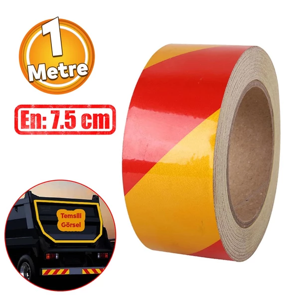 Reflektörlü Yapışkanlı Parlayan Fosfor Sarı Kırmızı Reflektif Düz Şerit Bant 7.5 cm 1 Mt İkaz Bandı ürün görseli 1