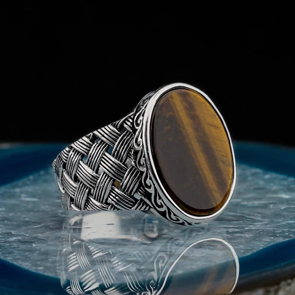 Oval Kaplan Gözü Taşlı Örgü Desenli Erkek Gümüş Yüzük ürün görseli 1