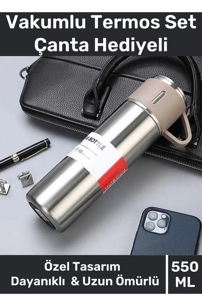Özel Üretim Paslanmaz Çelik 3 Bardaklı Soğuk Sıcak Termos Vakumlu Termos Set Çanta Hediyeli 550 Ml ürün görseli 1