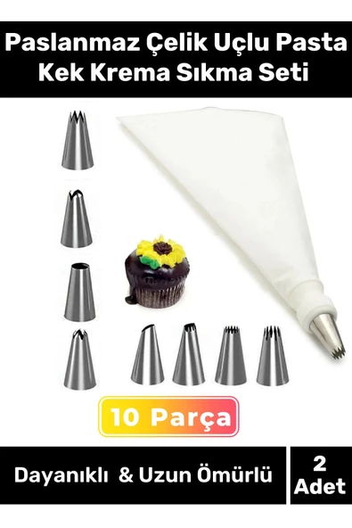 Premium Seri Paslanmaz Çelik Uçlu Pasta Kek Süsleme Torbası Krema Sıkma Seti 10 Parça - 2 Adet ürün görseli 1