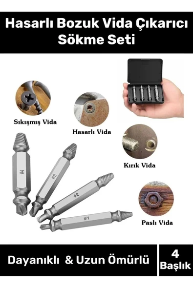 Premium 4 Başlıklı Paslanmaz Çelik Hasarlı Bozuk Vida Çıkarıcı Hasar Görmüş Vida Sökme Seti ürün görseli 1