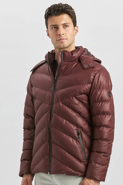 Bordo Dolumlu Çıkarılabilir Kapüşonlu Astarlı Slim Fit Dar Kesim Casual Mont 1007245151 ürün görseli 1