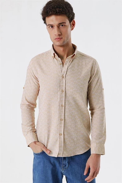 Bej Düğmeli Yaka Kısalabilir Kol Cepsiz Slim Fit Casual Pamuklu Gömlek 1004230181 ürün görseli 1