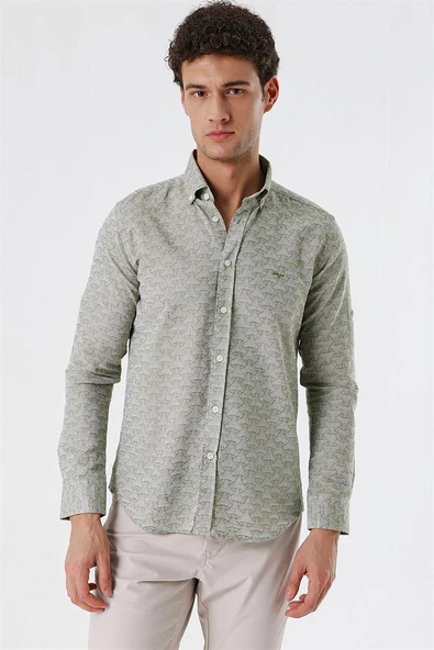 Haki Düğmeli Yaka Kısalabilir Kol Cepsiz Slim Fit Casual Pamuklu Gömlek 1004230181 ürün görseli 1